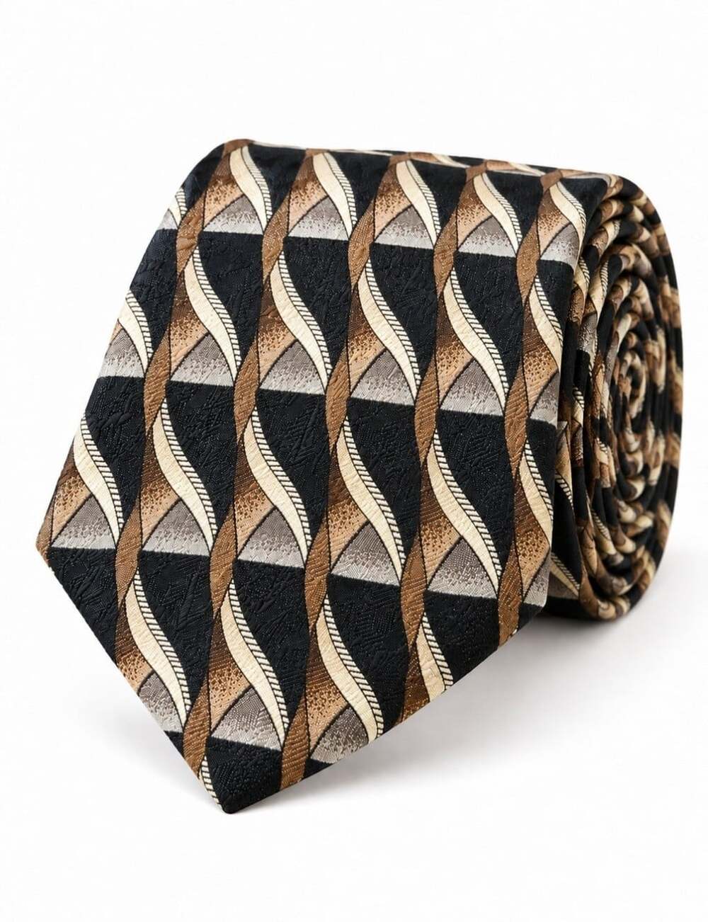 John Clarendon 100% Silk Tie Hand Made USA Geometric Black Brown Gold Vintage